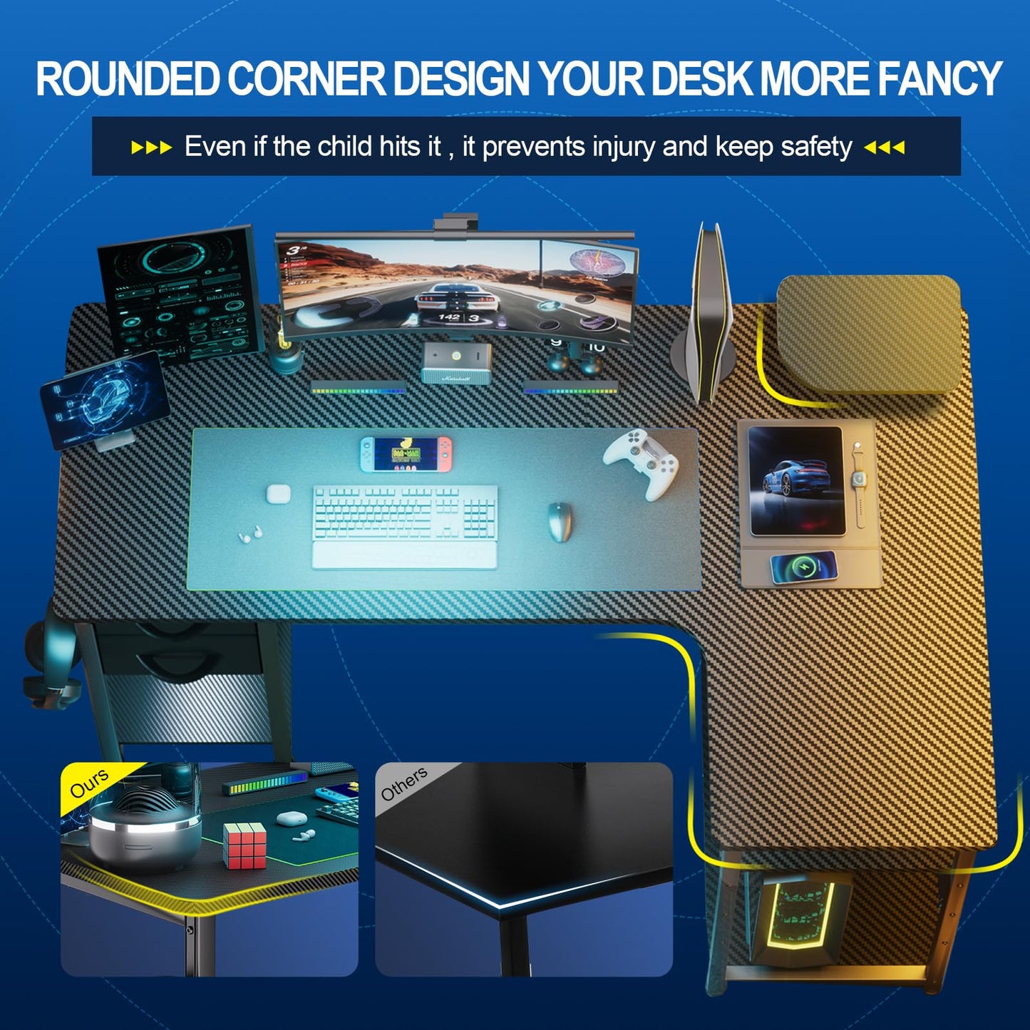 GTRACING Gaming Desk with Drawers, Carbon Fiber Style L Shaped Computer Desk Compatible with Monitor Arm Corner Desk Gaming Table for Home Office Desks, Easy to Assemble Adjustable Shelf Height