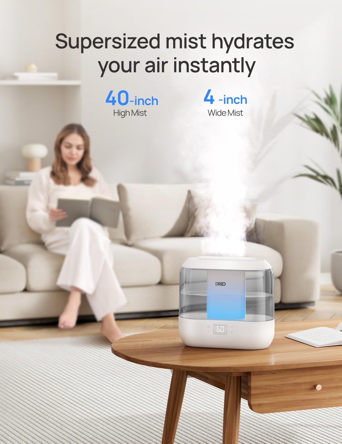 Dreo Smart Humidifiers for Bedroom, Top Fill 4L Supersized Humidifier Large Room with 28 dB, 36H Runtime, Touch/APP/Voice Control, Nightlight, Cool Mist Humidifiers for Baby, Plants, Indoor, Black