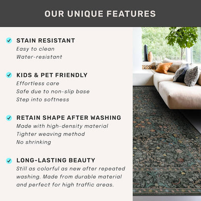 Regine Switzerland Dark Green 2x5 Non-Slip Runner Rug - Washable Floral Boho Design for Entryway