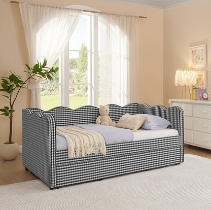 PVWIIK Twin Size Upholstered DayBed with Trundle and USB for Adult,Kids,Bedroom,BedFrame w/Linen Adorable Wave Shaped, Black