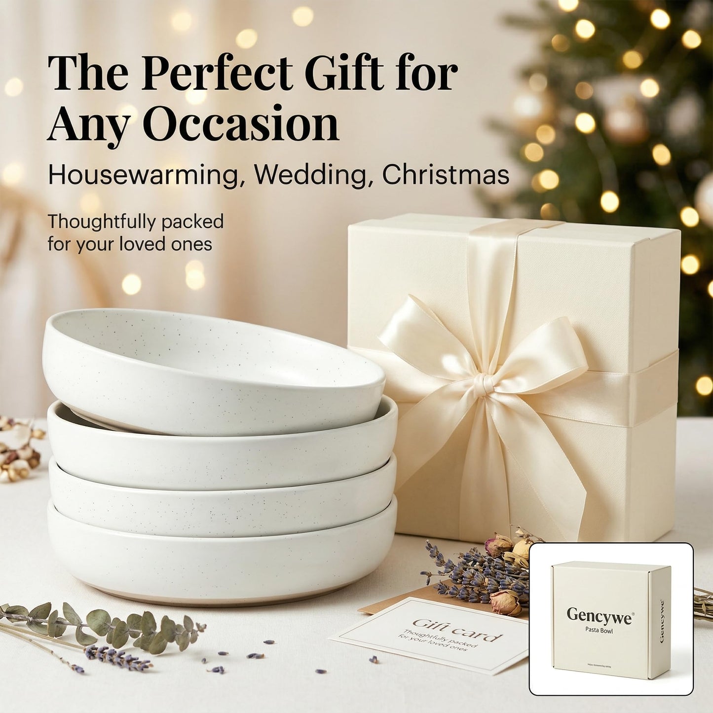 Gencywe 8.3" Pasta Bowls Set of 4, 34 oz Ceramic Salad Bowls, White Serving Plate, Wide and Shallow Bowl for for Fruits, Noodle, Dinner, Housewarming Wedding Christmas Dishwasher and Microwave Safe