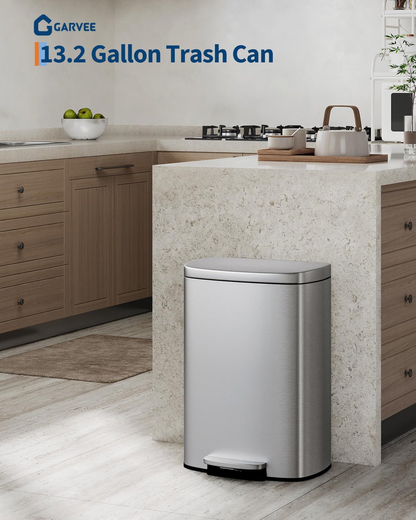 Garvee 13 gal (50 L) and 2.6 gal (10 L) Stainless Steel Trash Can Combo Set, Rustproof Garbage Can with Lid for Kitchen and Bathroom, Step-on Trash Bin with Inner Bucket, Rear Handle, Silver