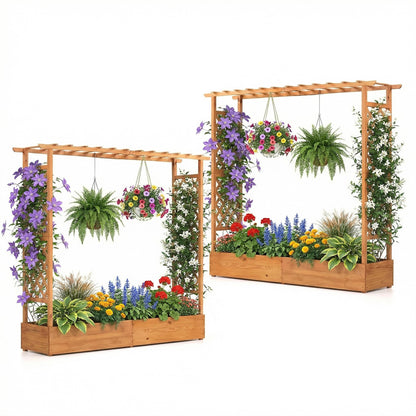 HAPPYGRILL Raised Garden Bed with Trellis, Freestanding Wood Planter Box w/Hanging Roof & Drainage Holes for Vine, Climbing Plants, Flowers, Outdoor Planter with Trellis for Garden, Patio, Yard (2)