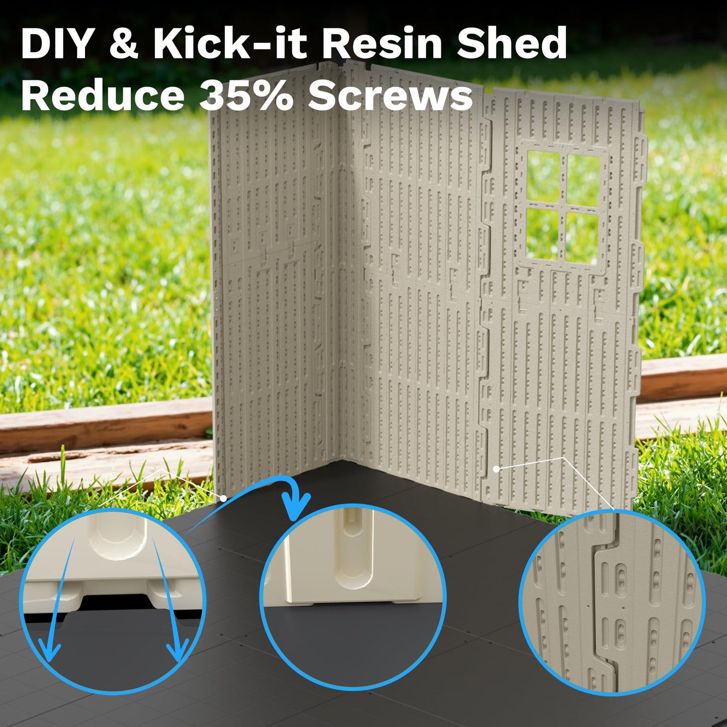 Devoko Plastic Outdoor Storage Shed with Floor, 8 x 6 FT Resin Tool Garden Shed with DIY Window and Lockable Door, Outside Kick-it Shed for Patio,Garden, Backyard, Lawn, Beige
