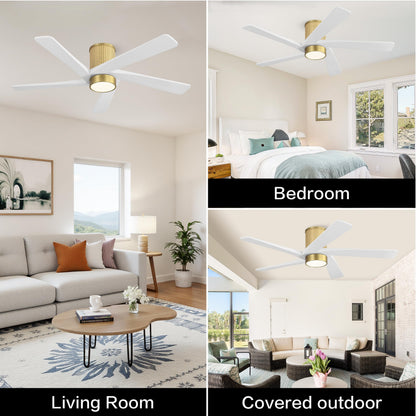 WINGBO 54 Inch Flush Mount Rattan Ceiling Fan, 3CCT Dimmable Light, 5 Carved Wood Blades, 6-Speed Reversible DC Motor, Modern Ceiling Fans for Indoor, Aged Brass Finish and White Blades