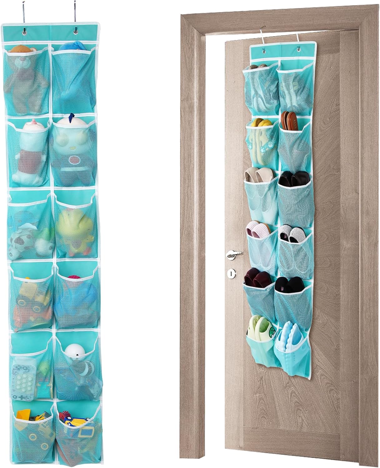 12 GOMAJI Over the Door Hanging Shoe Organizer, Pockets, Turquoise