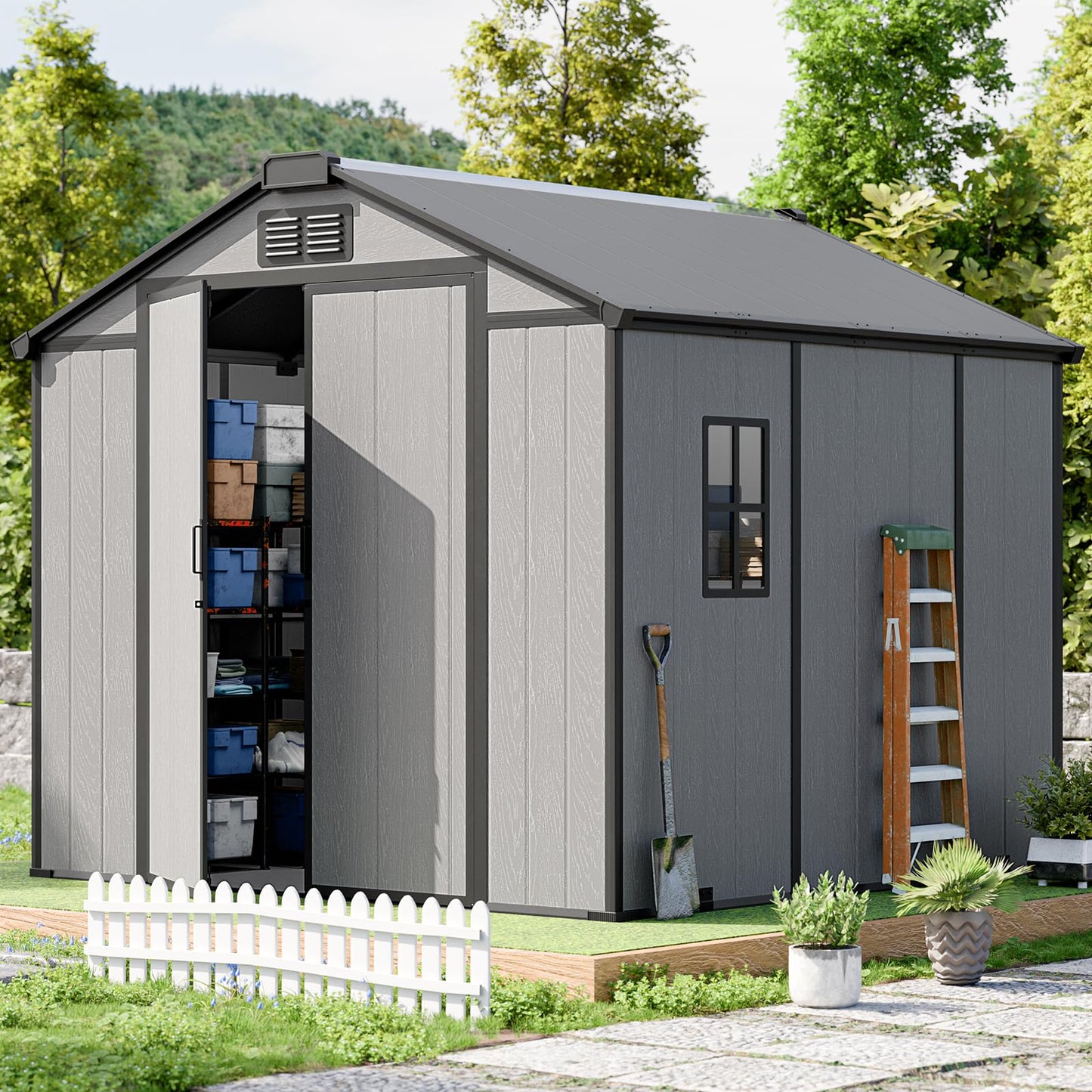 CDCASA 8x8x7 FT Resin Shed with Floor Included, Steel‑Reinforced Large Waterproof Outdoor Storage Sheds with Base & Lockable Door & Window & Vents, Outside Plastic Tool for Outside Patio Backyard