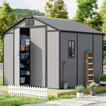 CDCASA 8x8x7 FT Resin Shed with Floor Included, Steel‑Reinforced Large Waterproof Outdoor Storage Sheds with Base & Lockable Door & Window & Vents, Outside Plastic Tool for Outside Patio Backyard