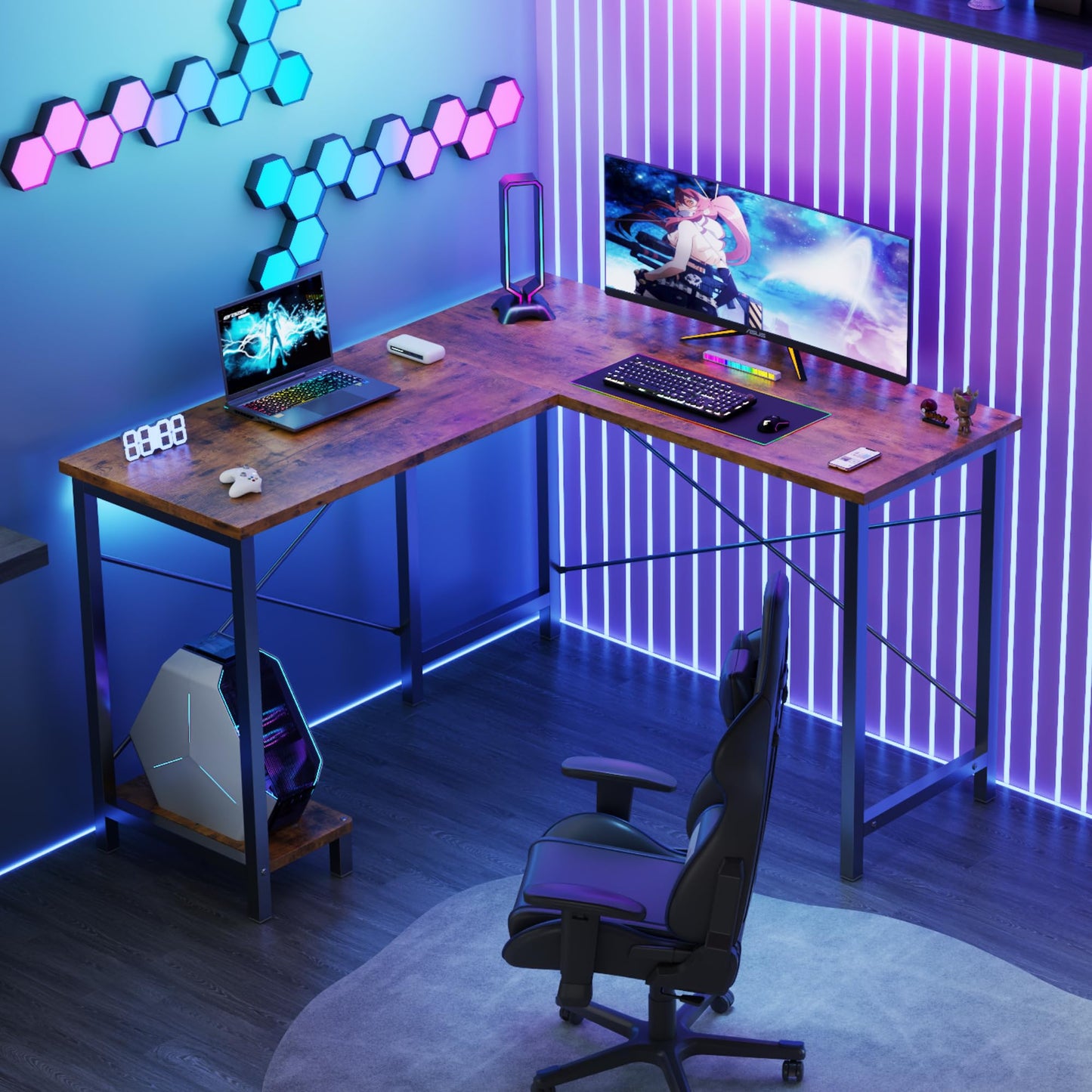 DUMOS L Shaped Desk Corner Computer Table 47 Inch, L-Shaped Gaming Desks with Storage Shelf Reversible, Wood Tables with Side Bag Adjustable Feet for 2 Monitors Small Space Home Office Bedroom, Brown