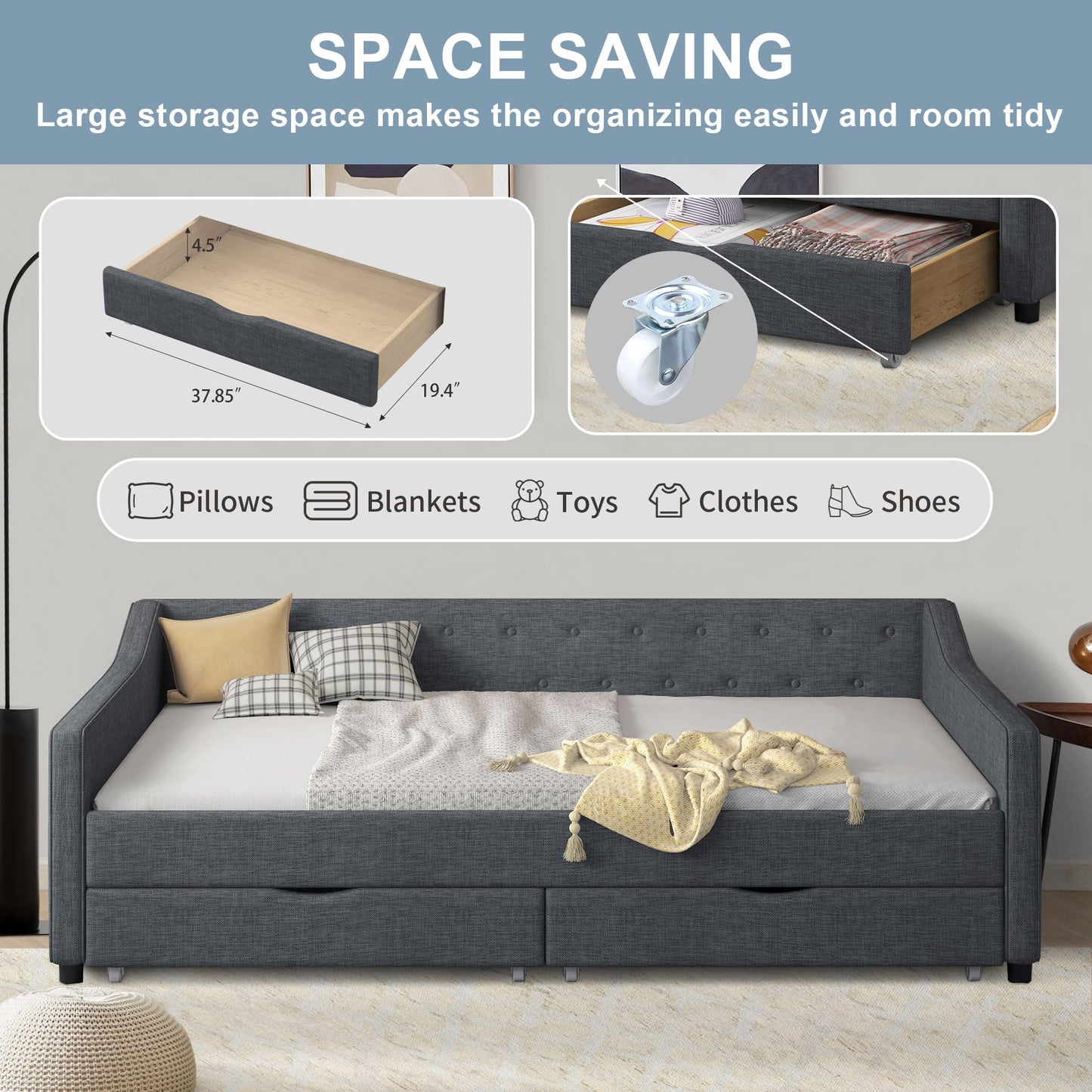 Ball & Cast Full Size Daybed with Two Storage Drawers,Linen Upholstered Day Bed Frame with Button Tufted and Waved Shape Arms, Wood Slat Support,No Box Spring Needed,Dark Grey
