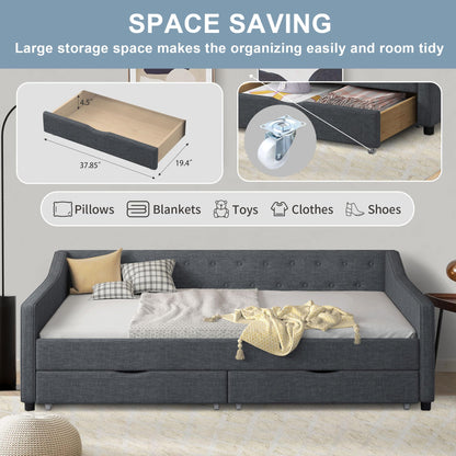 Ball & Cast Full Size Daybed with Two Storage Drawers,Linen Upholstered Day Bed Frame with Button Tufted and Waved Shape Arms, Wood Slat Support,No Box Spring Needed,Dark Grey