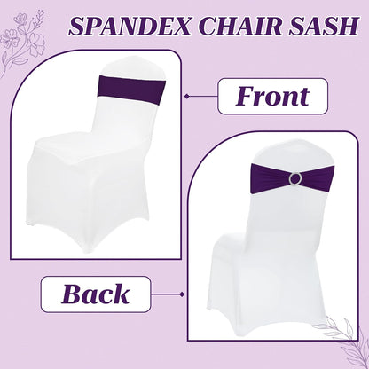 MDS Spandex Chair Sashes - Pack of 125 Elastic Stretch Bows with Buckle Slider for Wedding Decor - Purple