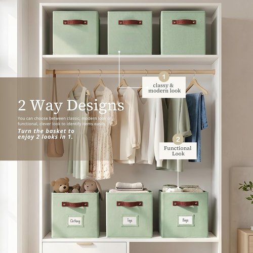 DECOMOMO Storage Bins - Fabric Cube Storage Bins with Labels for Shelves | 10.5" x 11" | 2pcs, Sage Green
