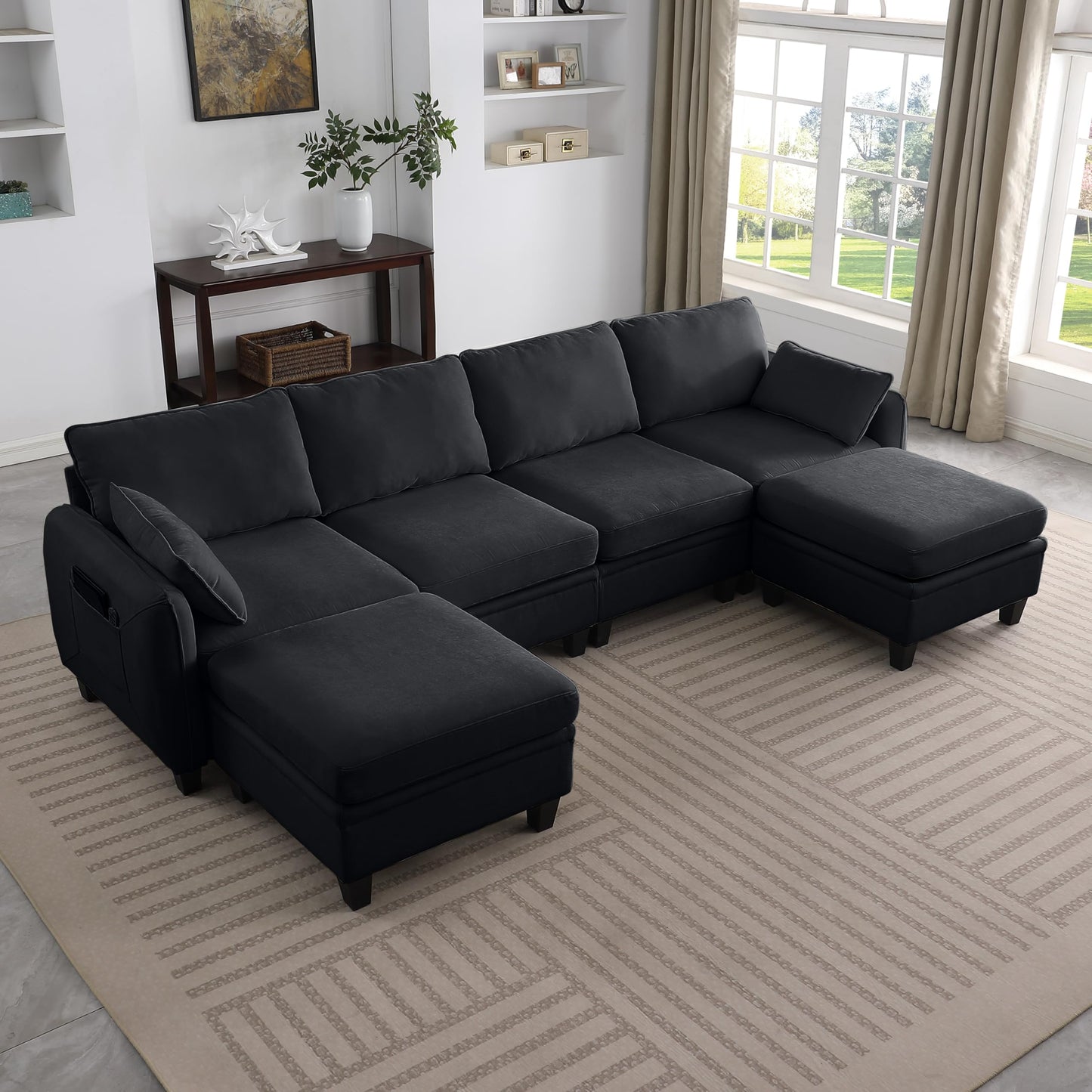 KEIKI 109 Inch Chenille Sectional Sofa Set, Modern U-Shaped Sleeper Cloud Couch with Storage Pockets & Ottoman, 6-Seater Modular Sofa Couches Bed for Apartment Living Room Lounge, Easy Assembly, Black