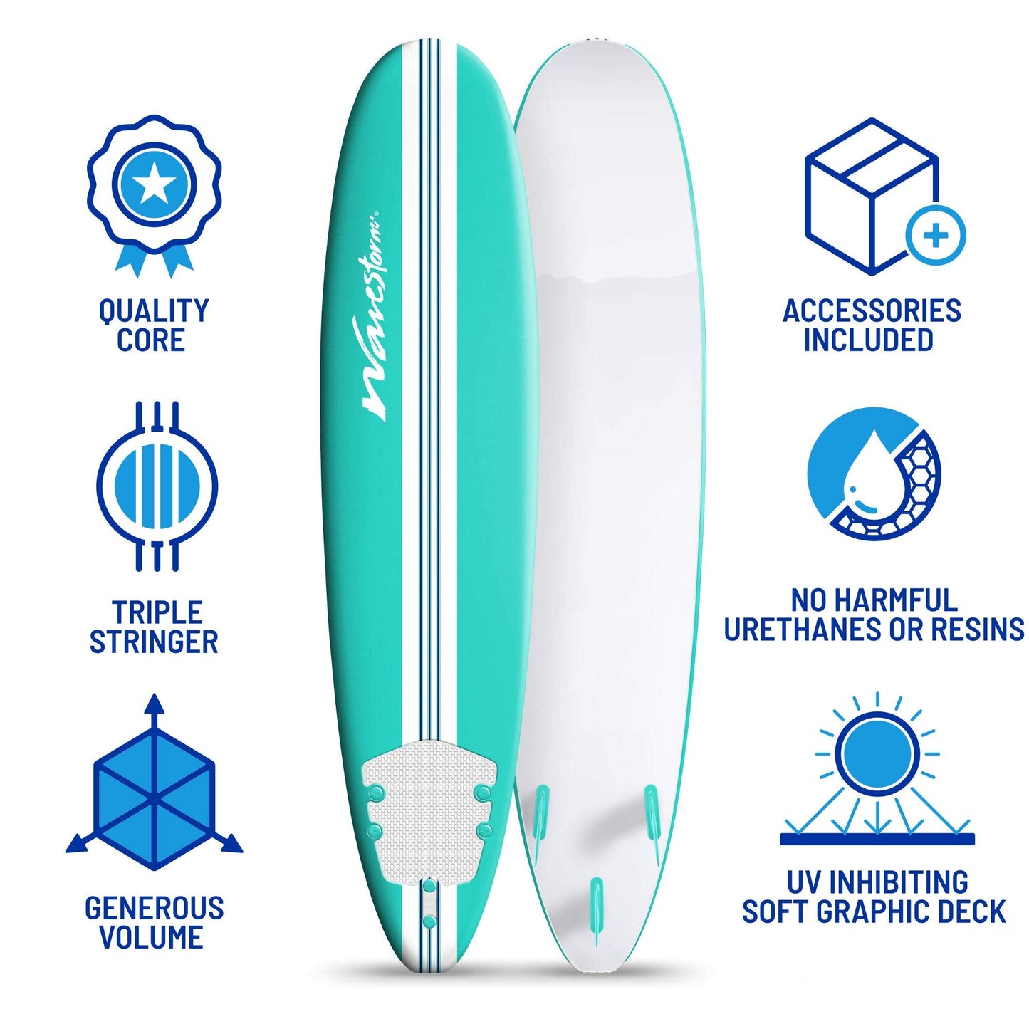 WAVESTORM 8ft Premium Classic Longboard Surfboard (Retro Turquoise)