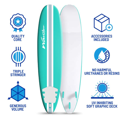 WAVESTORM 8ft Premium Classic Longboard Surfboard (Retro Turquoise)