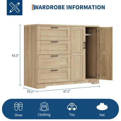IDEALHOUSE 43.3'' H Armoire Wardrobe Closet with 4 Drawers and 2 Doors, Hanging Rod, Multifunctional Wooden Dresser with Storage Closet, Bathroom Cabinet for Bedroom, Natural Oak