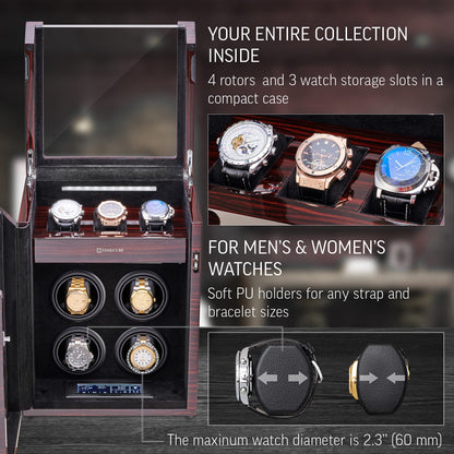 TIMECUBE Watch Winder for 4 Watches with 15 Winding Programs and 3 Watch Storage Slots (Ebony)
