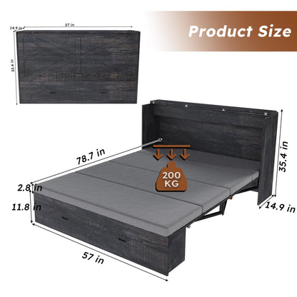 Bellemave Full Murphy Bed with Mattresses and Charging Stations and Storage Drawer, Farmhouse Murphy Cabinet Bed with Foldable Panel, Noisy Free, for Guest Bedroom, Living Room, Carbon Black