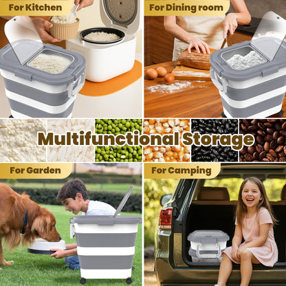 HOYTAMDA 25-35Lbs Rice Container,Collapsible Airtight Food Storage Containers with Wheels,Handle,Rice Storage Container with Small Bin and Scoop,Rice Dispenser for Flour Sugar Cereal Grain Dog Cat