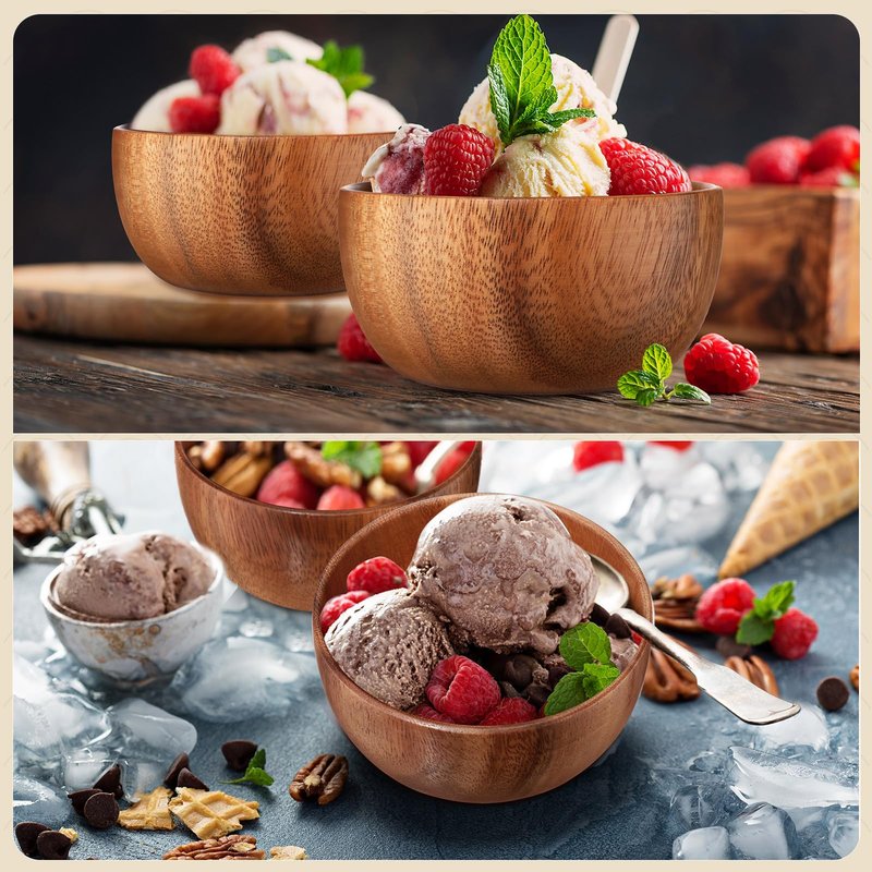 Skylety 5in 8pcs Acacia Wooden Bowls Small Calabash Bowls Round Wood Salad Hand Carved Calabash Dip Tray for Serving Popcorn Pasta Candy Cereal Coconut Nuts Sauce Appetizers Kitchen