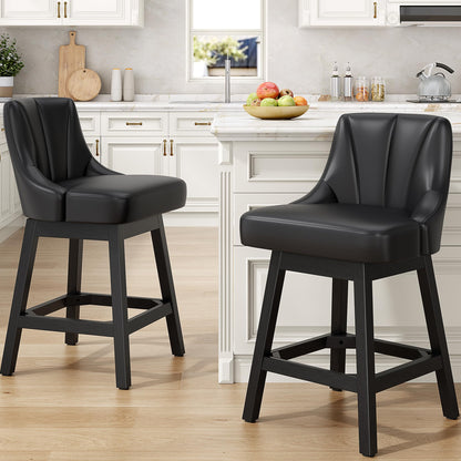 REONEY Swivel Bar Stools Set of 4, 26inch PU Leather Upholstered Counter Height Barstools, Modern Kitchen Island Chairs with Back and Solid Wood Legs for Home Bar, Black