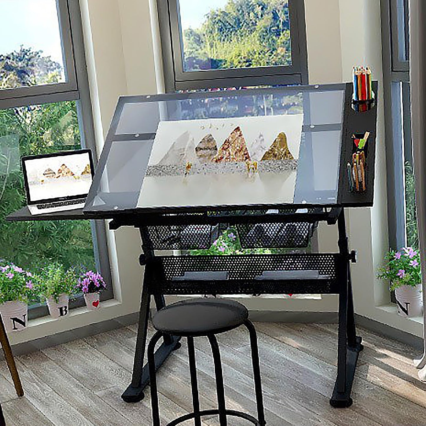 YDBMY Height Adjustable Drafting Table, Drawing Desk, Glass Art Desk, with Storage, for Home, School, Office, Working Station(Color:Natural)