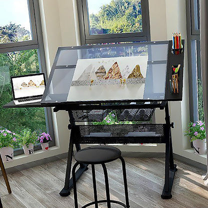 YDBMY Height Adjustable Drafting Table, Drawing Desk, Glass Art Desk, with Storage, for Home, School, Office, Working Station(Color:Natural)