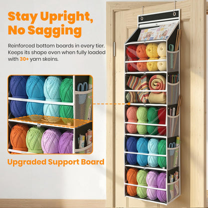 LASTORA Heavy-Duty Oxford Hanging Yarn Storage Organizer with 6 Tiers, Odorless Over the Door Yarn Holder for Crochet and Knitting Lovers, 5 Large Pockets + 1 Tool Section, Black