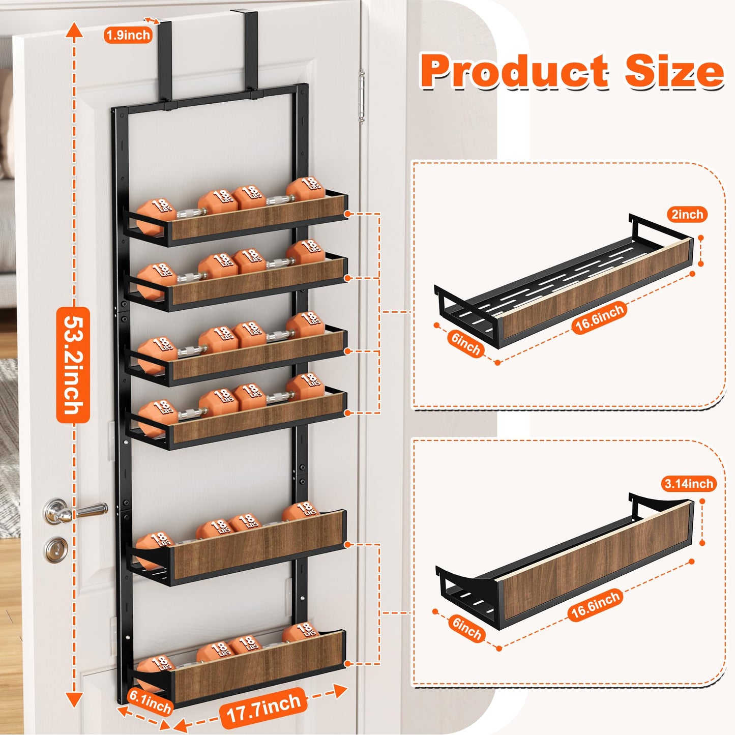 Aquzee Heavy Duty Pantry Door Organizer, 6-Tier Over the Door Pantry Organizer, 2 IN 1 Hanging Wall Mount Spice Rack, Adjustable Baskets, Spice Organization for Cabinet Kitchen Closet