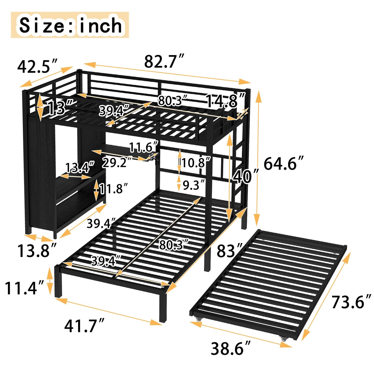 Bellemave Twin/Twin XL Over Twin XL bunk Bed with Foldable Desk and Wardrobe and Twin Trundle, loft Bed with Desk and Desk, Metal Bunk Beds with Storage, Black