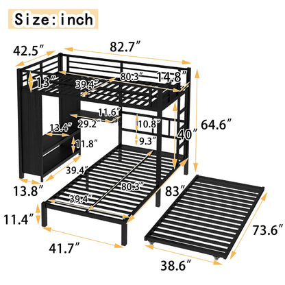 Bellemave Twin/Twin XL Over Twin XL bunk Bed with Foldable Desk and Wardrobe and Twin Trundle, loft Bed with Desk and Desk, Metal Bunk Beds with Storage, Black