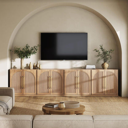 BELLEZE 4-Piece Modular TV Stand Set -Fluted Entertainment Center with Double-Arc Doors,Modern Sideboards with Adjustable Shelves,Classic Media Console Table Cabinet for Living Room (Camel)