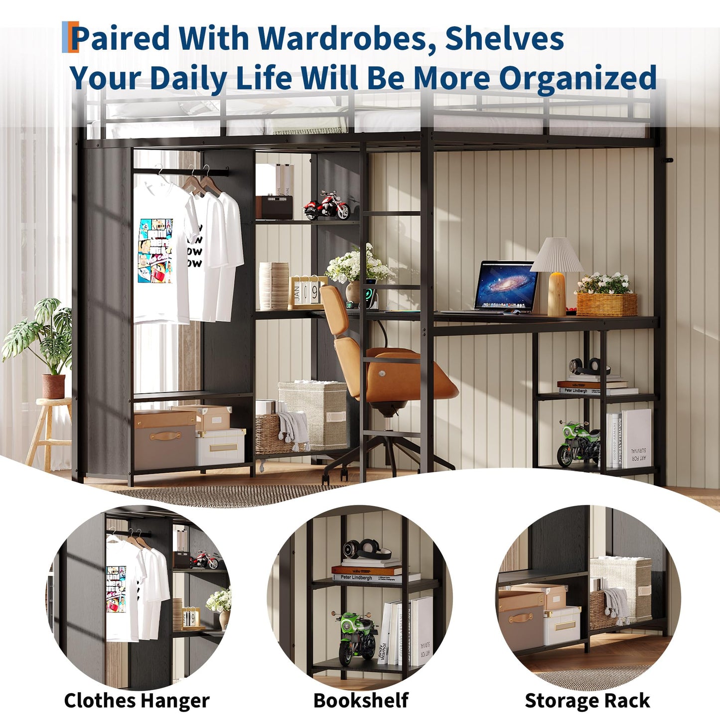 GarveeHome Queen Loft Bed with L-Shaped Desk and Storage Shelves, Queen Size Loft Bed Frame with Wardrobe, Hanging Rod, Guardrail and Ladder, Adults-Loft Beds Nosie-Free