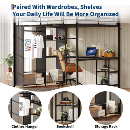 GarveeHome Queen Loft Bed with L-Shaped Desk and Storage Shelves, Queen Size Loft Bed Frame with Wardrobe, Hanging Rod, Guardrail and Ladder, Adults-Loft Beds Nosie-Free