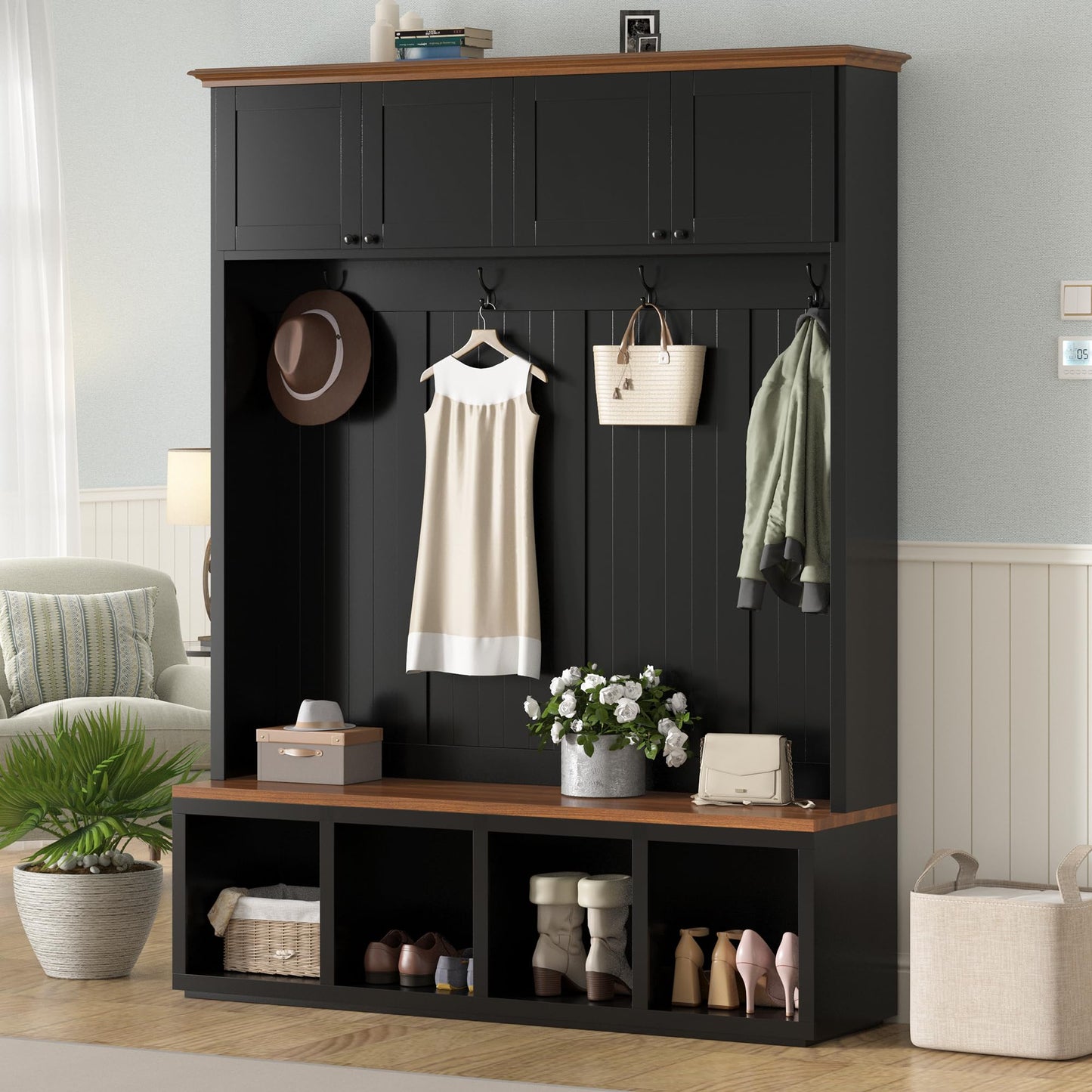 Merax Wood Rustic 59''W Hall Tree Entryway Bench with 4 Hooks and Cabinets, Farmhouse Mudroom Versatile Coat Racks with Shoe Storage Bench, Entrance Organizer for Hallway, Living Room Black