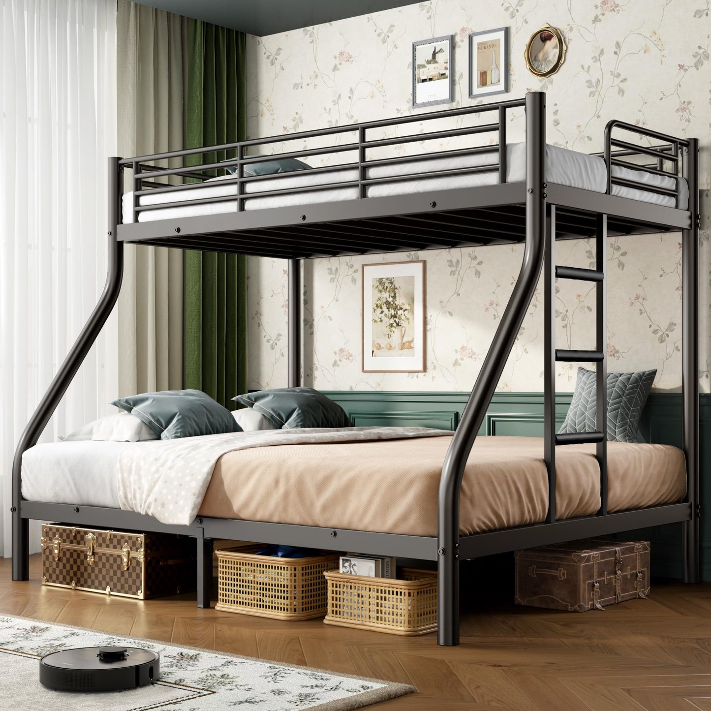 Cyranture Twin XL Over Queen Bunk Bed Size, Heavy Duty Bunk Beds with Bottom Space & Guardrail Metal Bunk Bed Frame for Adults Dorm Bedroom Guest Room, No Box Spring Needed（Upgrate Black）