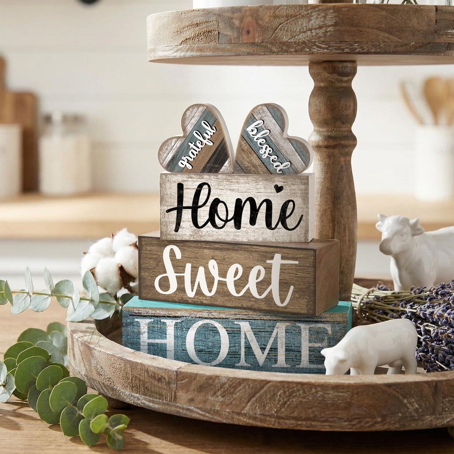 CroBlissful 4 Pcs Farmhouse Wooden Tabletop Decor Sweet Home Tiered Tray Decor Rustic Heart Shaped Centerpiece Farmhouse Block Sign Housewarming Gifts for Home Kitchen Table Shelf Mantel Decoration