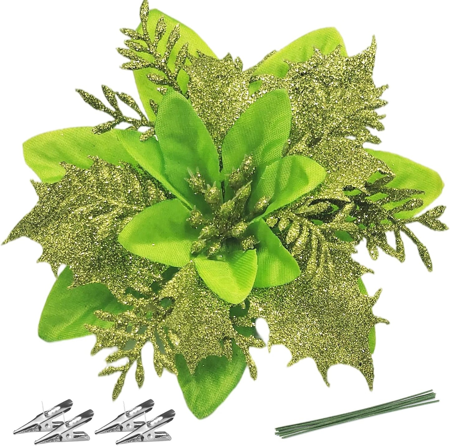 Christmas Poinsettia Artificial Flowers Decorations, 12 Pcs Glitter Flowers Picks for Xmas Tree Wreaths Garland