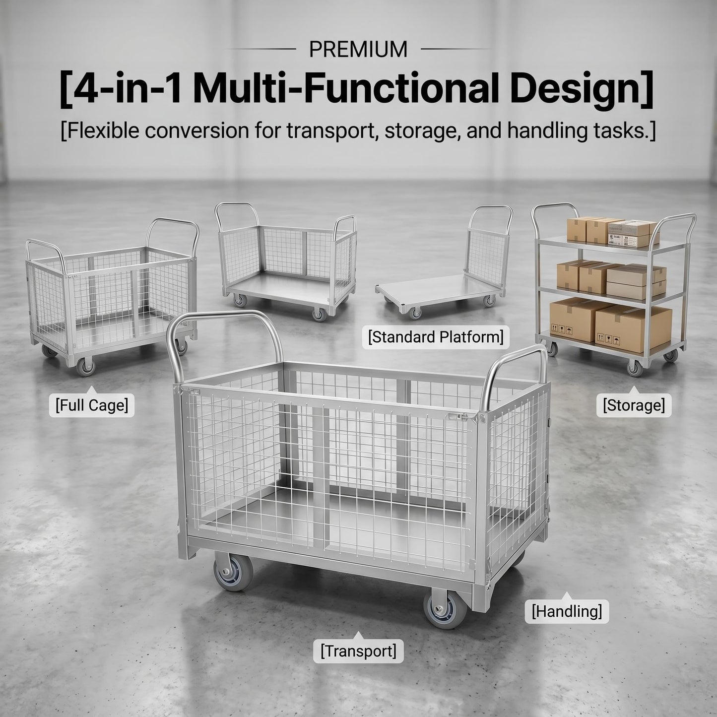 4-in-1 Rolling carts with cage, Multi-Purpose Heavy-Duty Duty cart, 2200-pound Capacity, Folding cart with 5-inch Wheels, for Groceries, Garage, Warehouse (39.4 inches Long x 23.6 inches Wide)