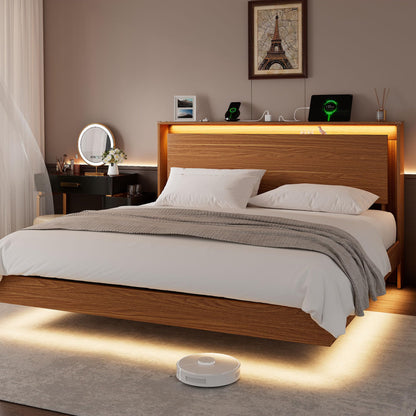 Einhomn King Size Bed Frame with LED Lights & Charging Station – Wood Floating Bed Frame with Storage Headboard, Adhesive Slats, Kick-Free & Noise-Free Design, Easy Assembly, Walnut