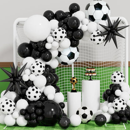 Soccer Balloon Garland Arch Kit - Black and White Football Print Balloons Arch Kit with Foil Football Exploding Star Balloon for Sports Fan, Birthday Party, Baby Shower, Soccer Theme Party Decor