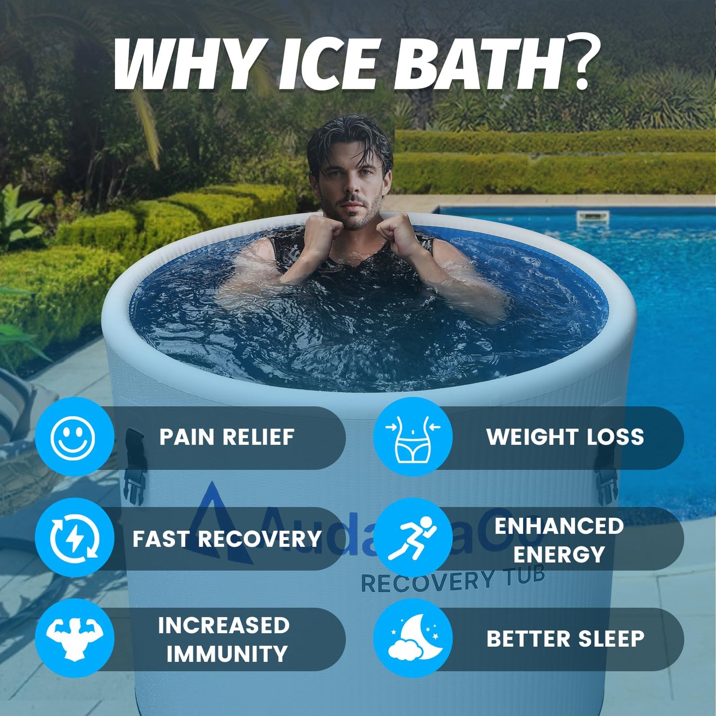 XXL Ice Bath Tub for Athletes, Compatible with Water Chillers, 186-Gallon Inflatable Cold Plunge Tub with Insulated Lid, Step, Water-Absorbent Mat, Portable for Outdoor & Indoor Recovery