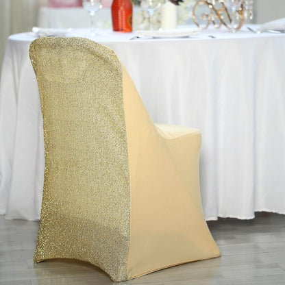 1 Set Efavormart Champagne Spandex Stretch Folding Chair Covers for Party Dining Chairs W/Metallic Glittering Back