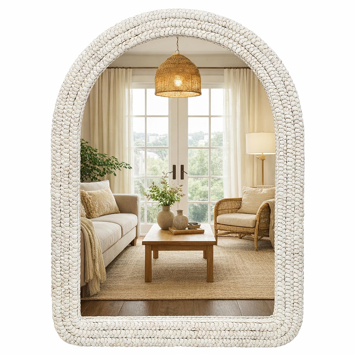 CAVINHOME 30" x 40" Arched Wall Mirror, Handwoven Natural Corn Husk Fiber with Light Whitewashed Finish, Warm Boho Coastal Style for Entryway, Bedroom, Living Room, Vertical Hanging