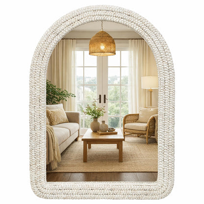 CAVINHOME 30" x 40" Arched Wall Mirror, Handwoven Natural Corn Husk Fiber with Light Whitewashed Finish, Warm Boho Coastal Style for Entryway, Bedroom, Living Room, Vertical Hanging