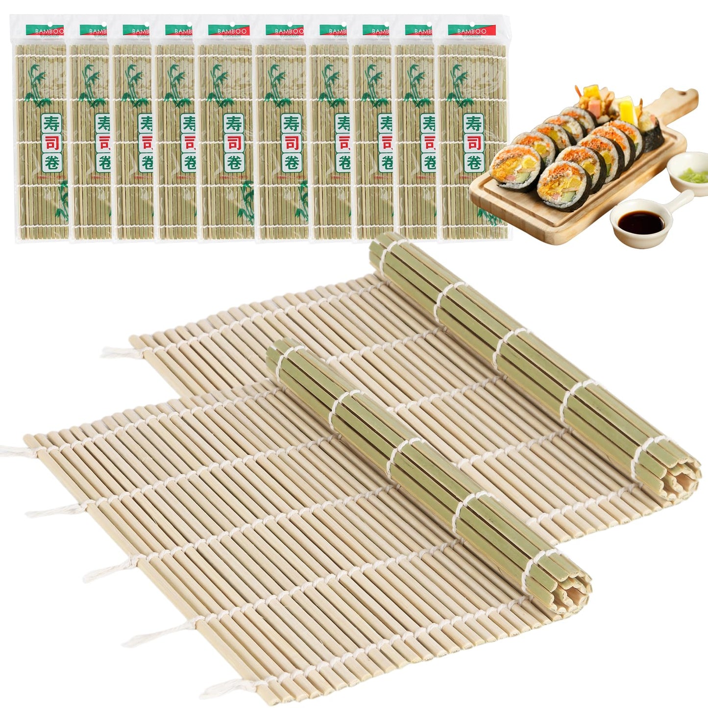 LEQC 10PCS Bamboo Sushi Mat 9.5"x9.5" – Durable Bamboo Sushi Rolling Mat, Tightly-Bound Design for Home Cooking & Professional Sushi Making (Green)