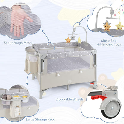 BABY JOY 5-in-1 Pack and Play, Portable Baby Bedside Sleeper with Bassinet, U-Shaped Diaper Changer, Safety Strap, Side Zipper Entrance, Hangings, Bedside Crib Playard from Newborn to Toddlers (Beige)