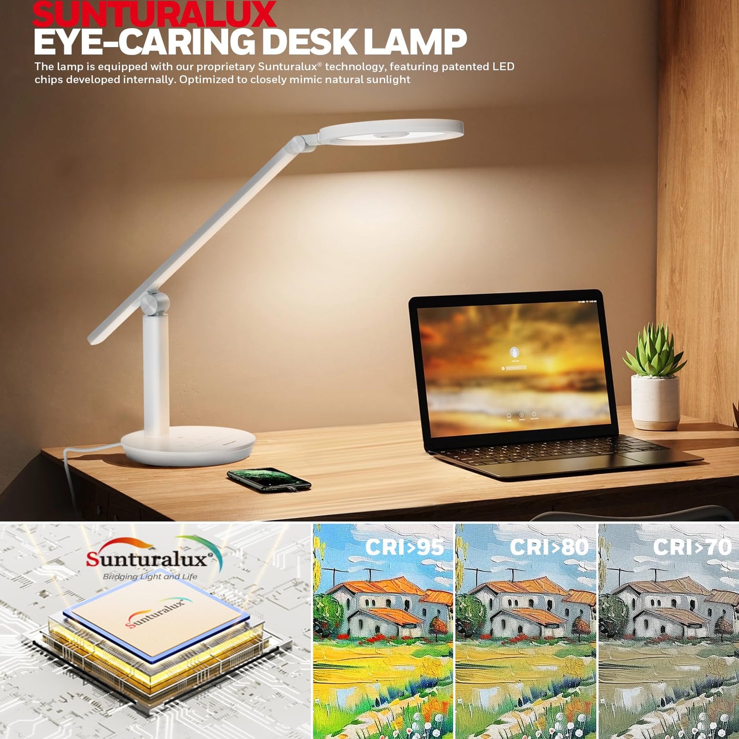 Honeywell Desk Lamp for Home Office, H6 Sunturalux™ Eye-Caring Led Desk Light, 800LM Dimmable Desk Lamp with Timer, Touch Control Tall Desk Reading Light, Table Lamp for Circle Webcam, Study, Bedroom