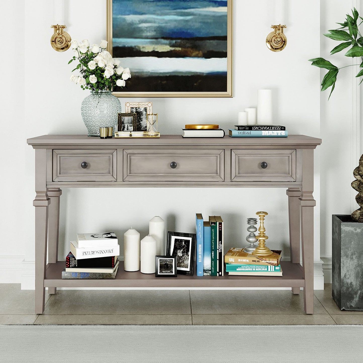 Merax Classic Long Narrow Console Table for Entryway Hallway Sideboard with Storage Drawers and Bottom Shelf Gray Wash